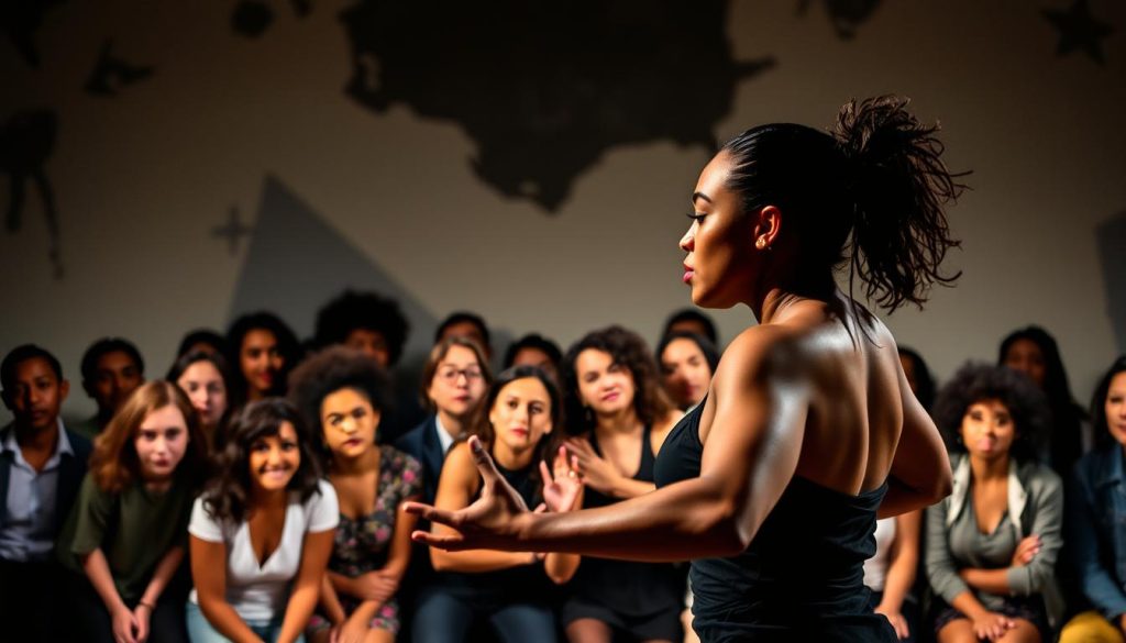 A bold, feminist performance takes the stage. In the foreground, a powerful female figure commands attention, her movements fluid and expressive. Dramatic lighting casts sharp shadows, highlighting the intensity of her gestures. The middle ground features a diverse audience, their faces alight with fascination and intrigue, leaning forward to witness the transformative act unfolding before them. The background is a blurred, abstract stage, hinting at the unconventional nature of the performance. The atmosphere is electric, charged with a sense of empowerment and the breaking of societal norms. This image captures the audience's captivation with a risk-taking, boundary-pushing theatrical experience. A bold, feminist performance takes the stage. In the foreground, a powerful female figure commands attention, her movements fluid and expressive. Dramatic lighting casts sharp shadows, highlighting the intensity of her gestures. The middle ground features a diverse audience, their faces alight with fascination and intrigue, leaning forward to witness the transformative act unfolding before them. The background is a blurred, abstract stage, hinting at the unconventional nature of the performance. The atmosphere is electric, charged with a sense of empowerment and the breaking of societal norms. This image captures the audience's captivation with a risk-taking, boundary-pushing theatrical experience.