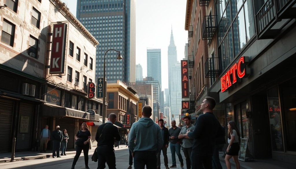 A bustling Tenderloin street, dappled with warm afternoon light. In the foreground, a small ensemble of actors engage in a site-specific performance, their gestures and expressions conveying the weight of history. The middle ground reveals the gritty urban landscape - a mix of dilapidated buildings, neon signs, and passersby navigating the sidewalks. In the background, towering skyscrapers and the iconic San Francisco skyline provide a dramatic backdrop, hinting at the city's complex evolution. The scene is captured with a cinematic, documentary-style lens, creating a sense of immersion and authenticity. The mood is one of contemplation, as the performance seamlessly interweaves with the urban fabric, illuminating the Tenderloin's role as a stage for societal change. A bustling Tenderloin street, dappled with warm afternoon light. In the foreground, a small ensemble of actors engage in a site-specific performance, their gestures and expressions conveying the weight of history. The middle ground reveals the gritty urban landscape - a mix of dilapidated buildings, neon signs, and passersby navigating the sidewalks. In the background, towering skyscrapers and the iconic San Francisco skyline provide a dramatic backdrop, hinting at the city's complex evolution. The scene is captured with a cinematic, documentary-style lens, creating a sense of immersion and authenticity. The mood is one of contemplation, as the performance seamlessly interweaves with the urban fabric, illuminating the Tenderloin's role as a stage for societal change.