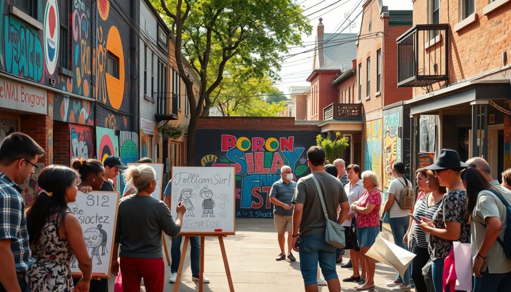 A bustling neighborhood streetscape, filled with vibrant murals, chalk drawings, and collaborative art installations. In the foreground, a diverse group of residents engages in lively discussions, sketching ideas on easels and sharing materials. The middle ground showcases a community mural, its bold colors and dynamic brushstrokes reflecting the energy of the collaborative process. In the background, a cozy theater façade stands as a reminder of the neighborhood's cultural heart, its doors open to welcome new artistic explorations. Warm natural lighting filters through the scene, evoking a sense of creativity, connection, and shared purpose. A bustling neighborhood streetscape, filled with vibrant murals, chalk drawings, and collaborative art installations. In the foreground, a diverse group of residents engages in lively discussions, sketching ideas on easels and sharing materials. The middle ground showcases a community mural, its bold colors and dynamic brushstrokes reflecting the energy of the collaborative process. In the background, a cozy theater façade stands as a reminder of the neighborhood's cultural heart, its doors open to welcome new artistic explorations. Warm natural lighting filters through the scene, evoking a sense of creativity, connection, and shared purpose.