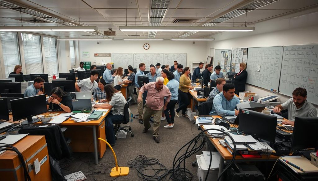 A bustling office space, desks strewn with papers, laptops, and assorted office supplies. Staff members rushing between workstations, phones ringing, and a palpable sense of coordination chaos. Overhead, fluorescent lights cast a harsh glow, illuminating the frenzied activity. In the foreground, a tangle of cords and cables snake across the floor, adding to the visual clutter. The middle ground features a diverse group of professionals, some hunched over their computers, others engaged in animated discussions. In the background, a whiteboard covered in hastily scribbled notes and schedules hints at the organizational complexity. The scene conveys the high-paced, multitasking nature of the "Day-in-the-Life" features, where the creative MVPs and backstage champions coordinate their efforts to bring the project to life. A bustling office space, desks strewn with papers, laptops, and assorted office supplies. Staff members rushing between workstations, phones ringing, and a palpable sense of coordination chaos. Overhead, fluorescent lights cast a harsh glow, illuminating the frenzied activity. In the foreground, a tangle of cords and cables snake across the floor, adding to the visual clutter. The middle ground features a diverse group of professionals, some hunched over their computers, others engaged in animated discussions. In the background, a whiteboard covered in hastily scribbled notes and schedules hints at the organizational complexity. The scene conveys the high-paced, multitasking nature of the "Day-in-the-Life" features, where the creative MVPs and backstage champions coordinate their efforts to bring the project to life.
