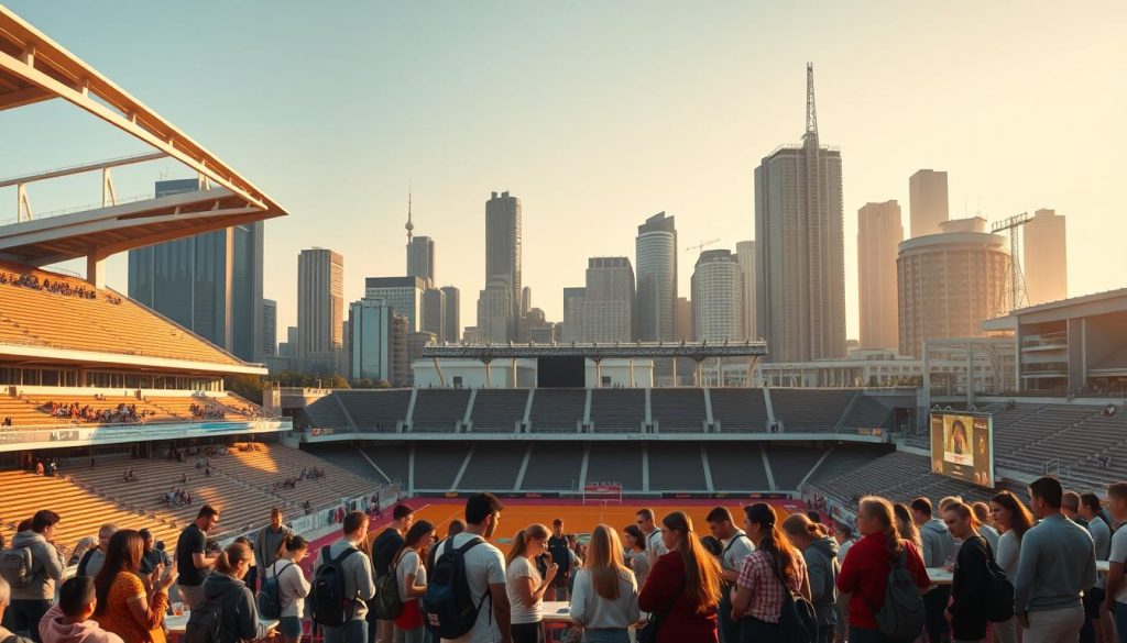 A bustling outdoor sports stadium nestled amidst a modern urban skyline, with students in the foreground engaged in a civic performance curriculum. The stadium's architecture features clean lines and a sleek, contemporary design, bathed in warm, golden-hour lighting that casts long shadows across the scene. In the middle ground, groups of students collaborate on project-based learning activities, their animated discussions and hands-on experiments bringing the curriculum to life. The background is dominated by towering skyscrapers and infrastructure, hinting at the broader civic and political context that informs the educational experience. The overall atmosphere conveys a sense of dynamism, community, and the intersection of education, sports, and urban life. A bustling outdoor sports stadium nestled amidst a modern urban skyline, with students in the foreground engaged in a civic performance curriculum. The stadium's architecture features clean lines and a sleek, contemporary design, bathed in warm, golden-hour lighting that casts long shadows across the scene. In the middle ground, groups of students collaborate on project-based learning activities, their animated discussions and hands-on experiments bringing the curriculum to life. The background is dominated by towering skyscrapers and infrastructure, hinting at the broader civic and political context that informs the educational experience. The overall atmosphere conveys a sense of dynamism, community, and the intersection of education, sports, and urban life.