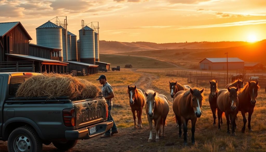A bustling rural production facility, its weathered wooden structures and metal silos nestled amidst gently rolling hills. In the foreground, hardworking ranch hands loading hay bales onto a sturdy pickup truck, their faces weathered by the elements. The midground showcases a herd of majestic ponies grazing peacefully, their manes tousled by a light breeze. In the background, a vibrant sunset casts a warm glow over the scene, highlighting the rugged, Americana aesthetic. The image conveys a sense of hard-earned labor, the rhythm of country life, and the timeless beauty of the rural experience. A bustling rural production facility, its weathered wooden structures and metal silos nestled amidst gently rolling hills. In the foreground, hardworking ranch hands loading hay bales onto a sturdy pickup truck, their faces weathered by the elements. The midground showcases a herd of majestic ponies grazing peacefully, their manes tousled by a light breeze. In the background, a vibrant sunset casts a warm glow over the scene, highlighting the rugged, Americana aesthetic. The image conveys a sense of hard-earned labor, the rhythm of country life, and the timeless beauty of the rural experience.