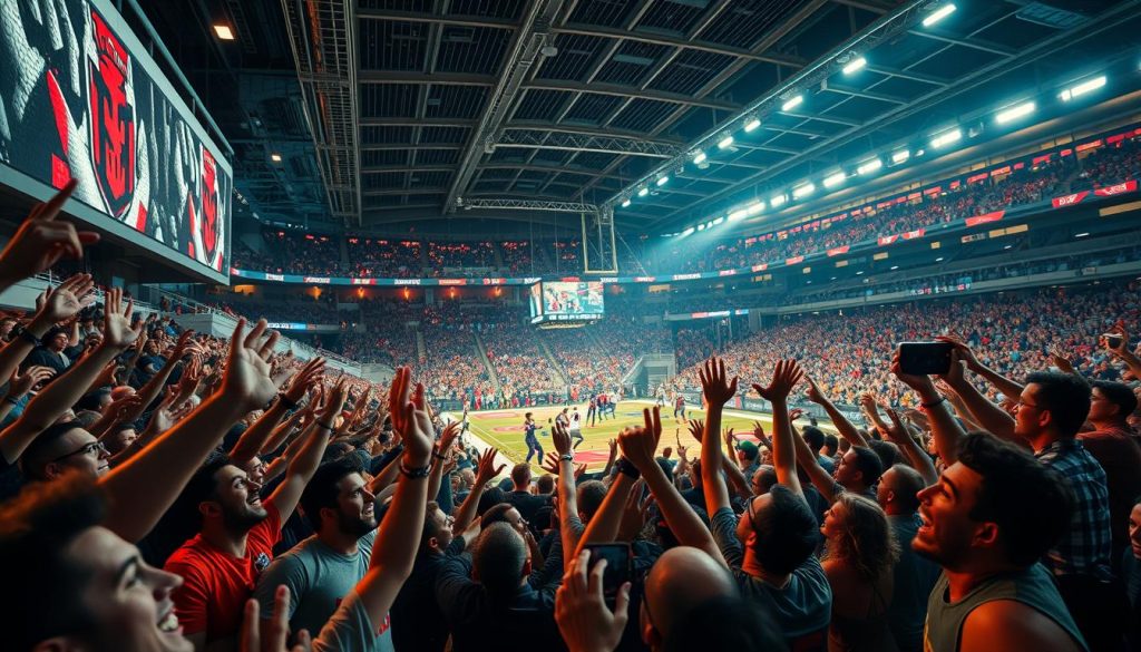 A bustling sports arena filled with energy and excitement. In the foreground, fans erupt in a frenzy, their expressions a captivating mix of joy, awe, and intense focus. In the middle ground, athletes engage in a fierce competition, their movements captured in dynamic poses. The background showcases the modern stadium design, with sleek lines, vibrant lighting, and a sense of technological sophistication. The scene is bathed in a warm, cinematic glow, creating a visceral and immersive atmosphere that captures the essence of modern sports entertainment. A bustling sports arena filled with energy and excitement. In the foreground, fans erupt in a frenzy, their expressions a captivating mix of joy, awe, and intense focus. In the middle ground, athletes engage in a fierce competition, their movements captured in dynamic poses. The background showcases the modern stadium design, with sleek lines, vibrant lighting, and a sense of technological sophistication. The scene is bathed in a warm, cinematic glow, creating a visceral and immersive atmosphere that captures the essence of modern sports entertainment.