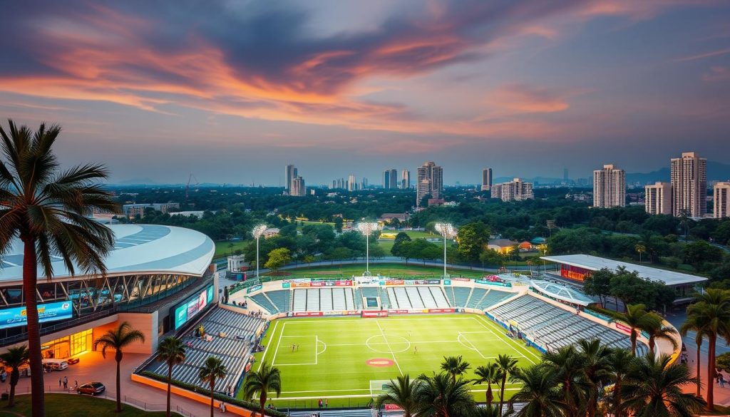 A bustling sports complex nestled within a vibrant urban landscape. In the foreground, a modern stadium with sleek architectural lines and a vibrant LED-lit exterior, its entrance flanked by towering palm trees swaying gently in the warm evening breeze. In the middle ground, a sprawling outdoor sports arena with rows of spectator seating and a well-manicured playing field, where athletes compete under the glow of floodlights. In the background, a skyline of gleaming high-rise buildings and a tranquil park, creating a harmonious blend of urban energy and recreational respite. The scene is captured with a wide-angle lens, conveying a sense of scale and immersion, bathed in a soft, golden hour lighting that imbues the entire setting with a welcoming, inviting atmosphere. A bustling sports complex nestled within a vibrant urban landscape. In the foreground, a modern stadium with sleek architectural lines and a vibrant LED-lit exterior, its entrance flanked by towering palm trees swaying gently in the warm evening breeze. In the middle ground, a sprawling outdoor sports arena with rows of spectator seating and a well-manicured playing field, where athletes compete under the glow of floodlights. In the background, a skyline of gleaming high-rise buildings and a tranquil park, creating a harmonious blend of urban energy and recreational respite. The scene is captured with a wide-angle lens, conveying a sense of scale and immersion, bathed in a soft, golden hour lighting that imbues the entire setting with a welcoming, inviting atmosphere.