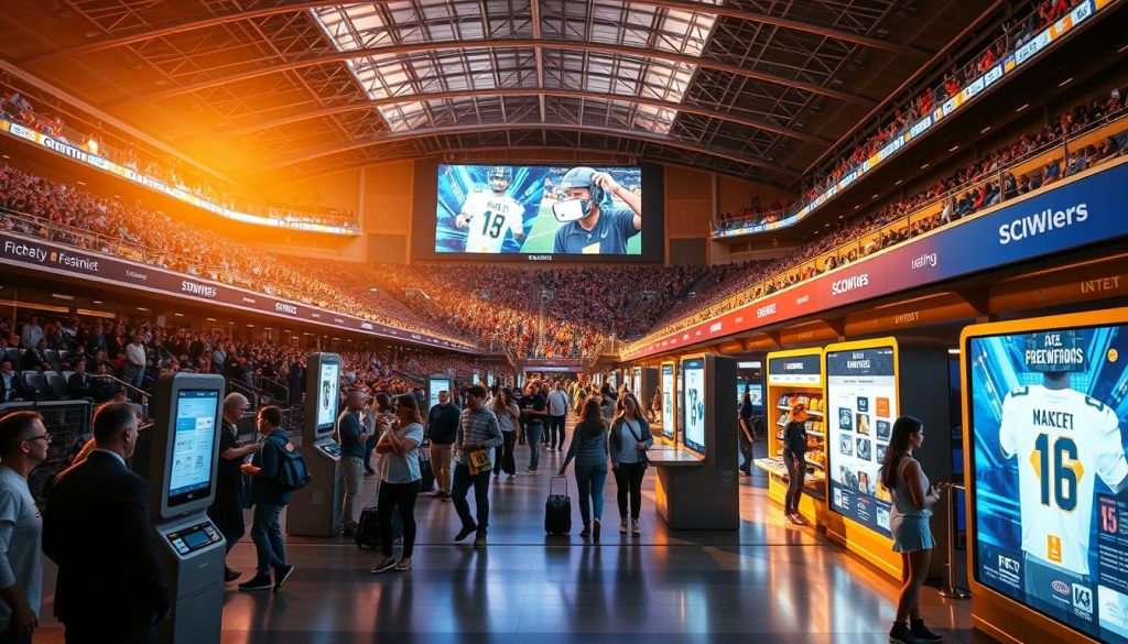A bustling stadium concourse showcases the latest fan experience innovations. In the foreground, digital ticketing kiosks and mobile app-powered entry seamlessly guide spectators through the gates. The middle ground features interactive displays with real-time game updates, merchandise customization stations, and virtual reality zones transporting fans into the action. In the background, a state-of-the-art video board casts a warm, cinematic glow over the scene, complemented by dynamic LED lighting accents. The overall atmosphere conveys a sense of immersive, technologically-advanced gameday excitement. A bustling stadium concourse showcases the latest fan experience innovations. In the foreground, digital ticketing kiosks and mobile app-powered entry seamlessly guide spectators through the gates. The middle ground features interactive displays with real-time game updates, merchandise customization stations, and virtual reality zones transporting fans into the action. In the background, a state-of-the-art video board casts a warm, cinematic glow over the scene, complemented by dynamic LED lighting accents. The overall atmosphere conveys a sense of immersive, technologically-advanced gameday excitement.