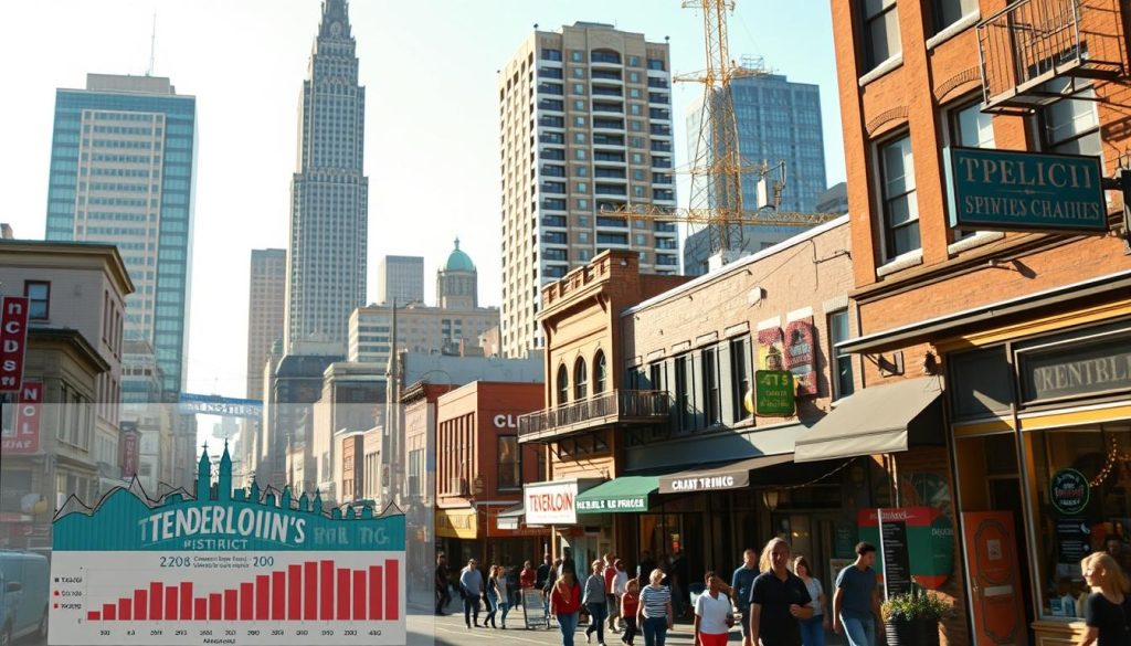 A bustling urban landscape, the Tenderloin district comes into focus. In the foreground, a detailed analysis chart illuminates the neighborhood's complex economic impact, data points and statistics painting a vivid picture. The middle ground showcases the diverse businesses and community hubs that shape the area, their vibrant facades and lively foot traffic hinting at the district's pulse. In the background, towering skyscrapers and infrastructure frame the scene, a juxtaposition of the Tenderloin's grassroots vitality and the city's broader economic forces. Warm, natural lighting casts a sense of optimism, while a cinematic, documentary-style camera angle lends an air of objective, fact-based examination to the impactful visual. A bustling urban landscape, the Tenderloin district comes into focus. In the foreground, a detailed analysis chart illuminates the neighborhood's complex economic impact, data points and statistics painting a vivid picture. The middle ground showcases the diverse businesses and community hubs that shape the area, their vibrant facades and lively foot traffic hinting at the district's pulse. In the background, towering skyscrapers and infrastructure frame the scene, a juxtaposition of the Tenderloin's grassroots vitality and the city's broader economic forces. Warm, natural lighting casts a sense of optimism, while a cinematic, documentary-style camera angle lends an air of objective, fact-based examination to the impactful visual.