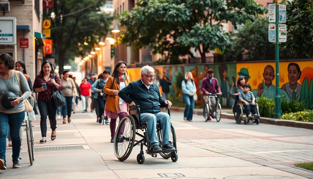 A bustling urban scene of a diverse community tour, showcased through an accessible lens. In the foreground, a group of visitors navigate wheelchair-friendly pathways, guided by a knowledgeable local. The middle ground reveals ramps, tactile paving, and clear wayfinding signage, ensuring an inclusive experience. In the background, a vibrant mural depicts the neighborhood's rich cultural heritage, bathed in warm, diffused lighting that creates a welcoming atmosphere. The overall composition conveys a sense of accessibility, community, and the shared exploration of local stories. A bustling urban scene of a diverse community tour, showcased through an accessible lens. In the foreground, a group of visitors navigate wheelchair-friendly pathways, guided by a knowledgeable local. The middle ground reveals ramps, tactile paving, and clear wayfinding signage, ensuring an inclusive experience. In the background, a vibrant mural depicts the neighborhood's rich cultural heritage, bathed in warm, diffused lighting that creates a welcoming atmosphere. The overall composition conveys a sense of accessibility, community, and the shared exploration of local stories.