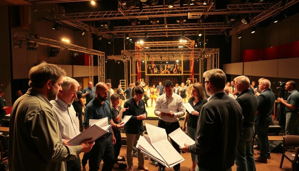 A busy stage with a team of sports management professionals collaborating on a theatrical production. In the foreground, a director and producer review scripts and schedules under warm stage lighting. In the middle ground, a stage manager coordinates with technicians, choreographers, and actors. The background features a complex set design with rigging, lighting, and sound equipment. The mood is one of focused intensity, as the team works seamlessly to bring the performance to life. A busy stage with a team of sports management professionals collaborating on a theatrical production. In the foreground, a director and producer review scripts and schedules under warm stage lighting. In the middle ground, a stage manager coordinates with technicians, choreographers, and actors. The background features a complex set design with rigging, lighting, and sound equipment. The mood is one of focused intensity, as the team works seamlessly to bring the performance to life.
