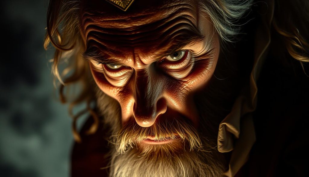 A captivating close-up of Prospero, the enigmatic sorcerer from The Tempest, in the midst of a theatrical performance. His piercing gaze and weathered features command the stage, as he contemplates the power he wields over the forces of nature. Dramatic low-key lighting casts sharp shadows, accentuating the character's intensity and the underlying tensions of the scene. The background is a hazy, dreamlike realm, hinting at the supernatural elements of the play. The composition emphasizes Prospero's commanding presence, drawing the viewer into the character's complex psyche and the conflicts he navigates. A captivating close-up of Prospero, the enigmatic sorcerer from The Tempest, in the midst of a theatrical performance. His piercing gaze and weathered features command the stage, as he contemplates the power he wields over the forces of nature. Dramatic low-key lighting casts sharp shadows, accentuating the character's intensity and the underlying tensions of the scene. The background is a hazy, dreamlike realm, hinting at the supernatural elements of the play. The composition emphasizes Prospero's commanding presence, drawing the viewer into the character's complex psyche and the conflicts he navigates.