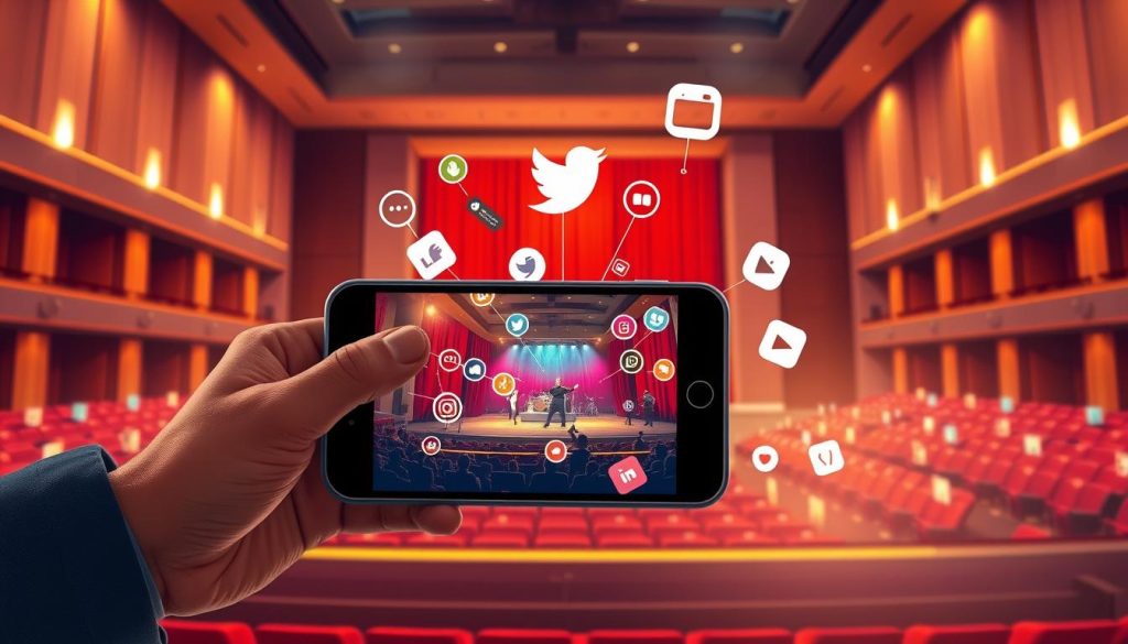 A captivating digital illustration showcasing the power of social sharing for entertainment highlights. In the foreground, a sleek smartphone displays a vibrant, shareable video clip of a thrilling theatrical performance. The middle ground features a dynamic array of social media icons, pulsing with energy, representing the seamless spread of this engaging content. The background depicts a modern, minimalist theater setting, with bold architectural lines and sophisticated lighting, creating a sense of cinematic grandeur. Subtle textures and a warm color palette evoke a sophisticated, immersive atmosphere, inspiring viewers to share their own unforgettable show experiences. A captivating digital illustration showcasing the power of social sharing for entertainment highlights. In the foreground, a sleek smartphone displays a vibrant, shareable video clip of a thrilling theatrical performance. The middle ground features a dynamic array of social media icons, pulsing with energy, representing the seamless spread of this engaging content. The background depicts a modern, minimalist theater setting, with bold architectural lines and sophisticated lighting, creating a sense of cinematic grandeur. Subtle textures and a warm color palette evoke a sophisticated, immersive atmosphere, inspiring viewers to share their own unforgettable show experiences.