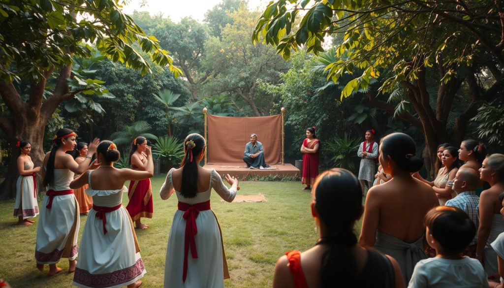 A ceremonial gathering in a lush, verdant setting. In the foreground, a group of people in traditional costumes perform a ritual dance, their movements graceful and synchronized. The middle ground features a simple stage or performance area, where a storyteller recounts a captivating narrative. In the background, spectators watch intently, their faces illuminated by the warm, natural lighting that filters through the surrounding trees. The atmosphere is one of community, tradition, and a sense of timeless connection. A ceremonial gathering in a lush, verdant setting. In the foreground, a group of people in traditional costumes perform a ritual dance, their movements graceful and synchronized. The middle ground features a simple stage or performance area, where a storyteller recounts a captivating narrative. In the background, spectators watch intently, their faces illuminated by the warm, natural lighting that filters through the surrounding trees. The atmosphere is one of community, tradition, and a sense of timeless connection.