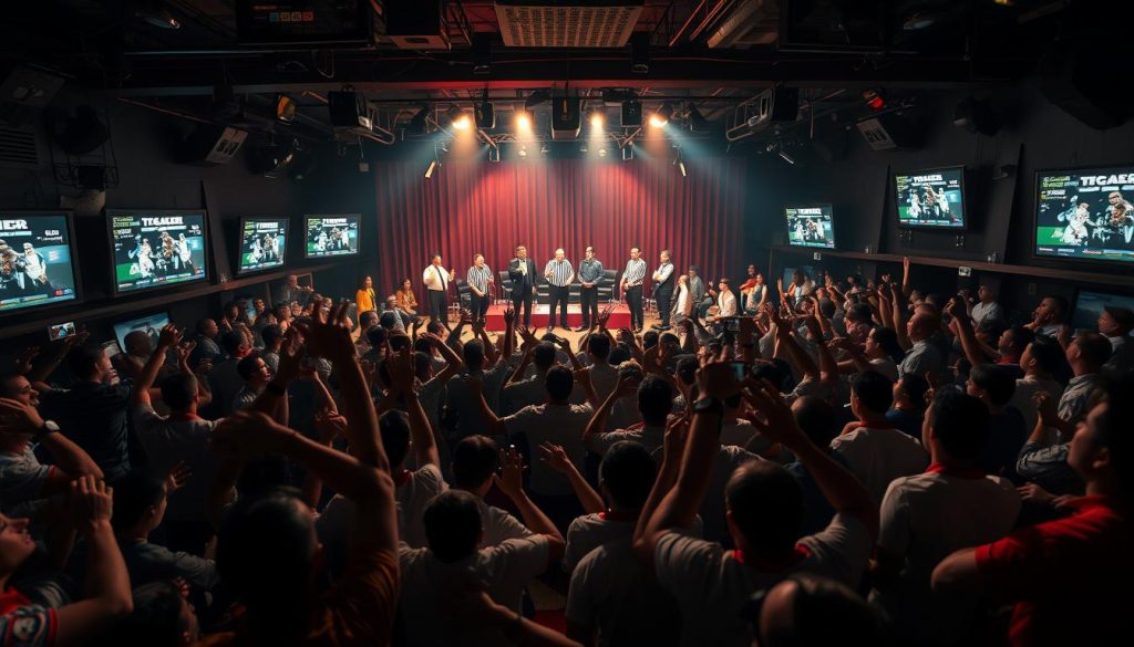 A chaotic offshore sports betting theater, with patrons in a frenzy, placed bets scattered on the floor, and a sense of disorderly excitement. In the foreground, a tangle of bodies and flailing limbs, illuminated by the flickering glow of betting screens. In the middle ground, a raised stage where a heated debate rages, referees and officials gesticulating wildly. The background shrouded in shadows, hinting at the seedy, underground nature of the operation. Dramatic chiaroscuro lighting, with pools of light and deep shadows, lends an air of absurdist drama to the scene. Wide-angle lens captures the full scope of the chaotic tableau, distorting the perspective to heighten the sense of anarchic energy. A chaotic offshore sports betting theater, with patrons in a frenzy, placed bets scattered on the floor, and a sense of disorderly excitement. In the foreground, a tangle of bodies and flailing limbs, illuminated by the flickering glow of betting screens. In the middle ground, a raised stage where a heated debate rages, referees and officials gesticulating wildly. The background shrouded in shadows, hinting at the seedy, underground nature of the operation. Dramatic chiaroscuro lighting, with pools of light and deep shadows, lends an air of absurdist drama to the scene. Wide-angle lens captures the full scope of the chaotic tableau, distorting the perspective to heighten the sense of anarchic energy.