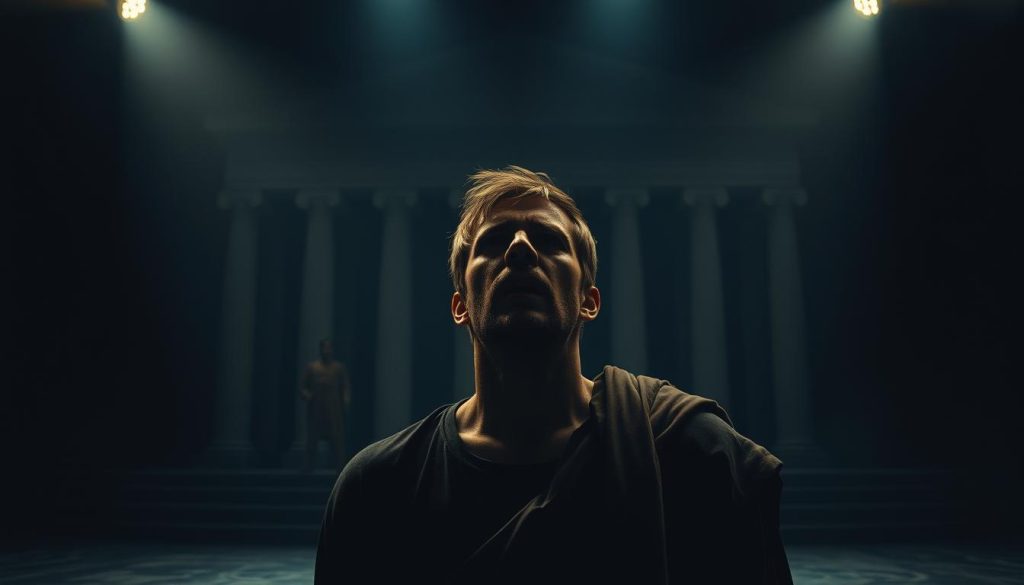 A classical tragedy analysis: a dimly lit stage, the spotlight focused on a lone figure, their face etched with anguish and inner turmoil. In the background, a looming, ominous backdrop of Greek-inspired architecture, conveying the weight of history and the inescapable nature of fate. The lighting casts dramatic shadows, highlighting the character's emotional intensity and the complexity of their motives. The scene evokes a sense of contemplation, inviting the viewer to delve into the nuances of the character's psyche and the underlying themes of the tragedy. A classical tragedy analysis: a dimly lit stage, the spotlight focused on a lone figure, their face etched with anguish and inner turmoil. In the background, a looming, ominous backdrop of Greek-inspired architecture, conveying the weight of history and the inescapable nature of fate. The lighting casts dramatic shadows, highlighting the character's emotional intensity and the complexity of their motives. The scene evokes a sense of contemplation, inviting the viewer to delve into the nuances of the character's psyche and the underlying themes of the tragedy.