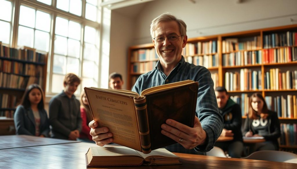 A classroom setting, illuminated by warm, natural light filtering through large windows. In the foreground, a teacher stands beside a table, holding an ancient, leather-bound book with reverence, their face alight with excitement as they introduce a forgotten literary masterpiece to a group of attentive students. In the middle ground, the students lean forward, their expressions a blend of curiosity and wonder, eager to uncover the hidden treasures within the pages. The background showcases a wall of bookshelves, filled with a diverse array of volumes, hinting at the vast potential for rediscovery and intellectual growth within the space. The scene conveys a sense of exploration, discovery, and the joy of uncovering forgotten gems in the pursuit of educational enrichment. A classroom setting, illuminated by warm, natural light filtering through large windows. In the foreground, a teacher stands beside a table, holding an ancient, leather-bound book with reverence, their face alight with excitement as they introduce a forgotten literary masterpiece to a group of attentive students. In the middle ground, the students lean forward, their expressions a blend of curiosity and wonder, eager to uncover the hidden treasures within the pages. The background showcases a wall of bookshelves, filled with a diverse array of volumes, hinting at the vast potential for rediscovery and intellectual growth within the space. The scene conveys a sense of exploration, discovery, and the joy of uncovering forgotten gems in the pursuit of educational enrichment.