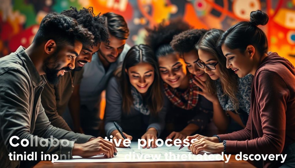 A close-knit group of diverse individuals, their faces alight with energy and focus, collaborating intently around a central table. Warm, soft lighting illuminates their thoughtful expressions as they lean in, sharing ideas and sketching concepts. In the background, a blurred tapestry of vibrant, abstract colors evokes the creative spirit of their task. The scene conveys a sense of dynamic teamwork, problem-solving, and the collision of unique perspectives - a visual embodiment of the "collaborative process" driving new theatrical discovery. A close-knit group of diverse individuals, their faces alight with energy and focus, collaborating intently around a central table. Warm, soft lighting illuminates their thoughtful expressions as they lean in, sharing ideas and sketching concepts. In the background, a blurred tapestry of vibrant, abstract colors evokes the creative spirit of their task. The scene conveys a sense of dynamic teamwork, problem-solving, and the collision of unique perspectives - a visual embodiment of the "collaborative process" driving new theatrical discovery.