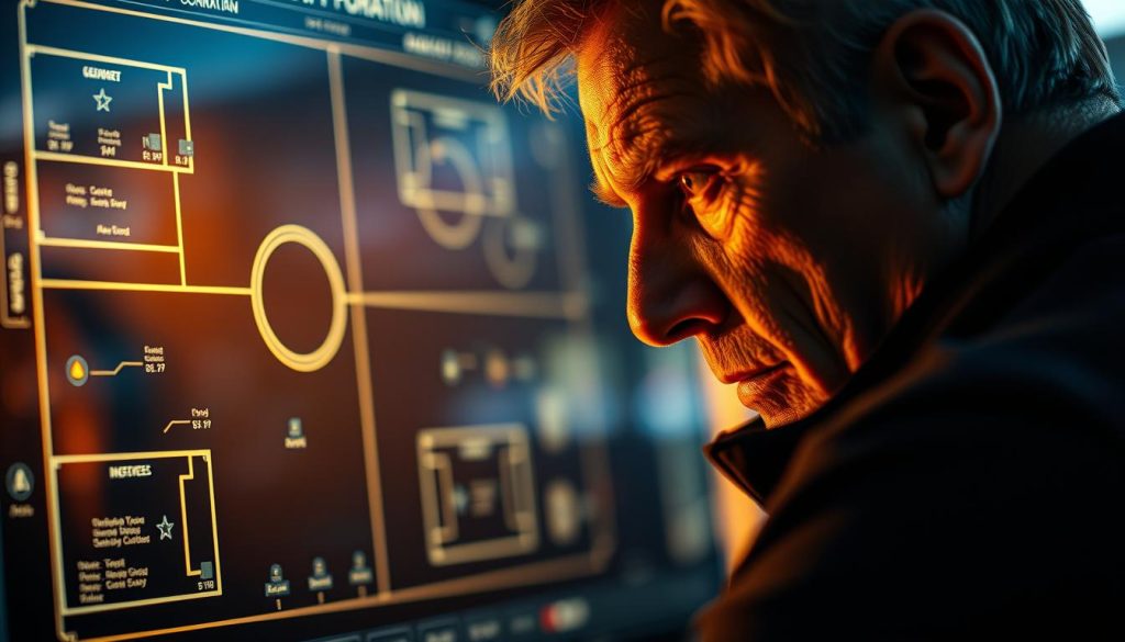 A close-up view of a coach or tactician examining a strategy board or holographic display, illuminated by a warm, focused light. The board is filled with complex formations, plays, and data visualizations, hinting at the intricate planning and analysis taking place. The tactician's face is partially obscured, emphasizing the thoughtful, intense concentration as they contemplate their next move. The background is blurred, keeping the focus on the strategy session and the pivotal decision-making process. The scene conveys a sense of high-stakes, strategic planning, and the weight of responsibility on the coach's shoulders. A close-up view of a coach or tactician examining a strategy board or holographic display, illuminated by a warm, focused light. The board is filled with complex formations, plays, and data visualizations, hinting at the intricate planning and analysis taking place. The tactician's face is partially obscured, emphasizing the thoughtful, intense concentration as they contemplate their next move. The background is blurred, keeping the focus on the strategy session and the pivotal decision-making process. The scene conveys a sense of high-stakes, strategic planning, and the weight of responsibility on the coach's shoulders.