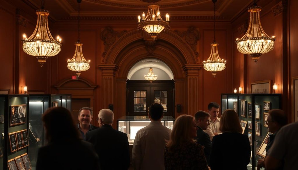 A cozy theater lobby, softly lit by chandeliers casting a warm glow. In the foreground, a group of patrons engaged in friendly conversation, their faces alight with enthusiasm. In the middle ground, display cases showcase donor recognition plaques and framed photos of past performances. The background reveals the theater's grand facade, its ornate columns and arched entryway hinting at the cultural richness within. The overall atmosphere evokes a sense of community, appreciation, and the power of philanthropic support to sustain the arts. A cozy theater lobby, softly lit by chandeliers casting a warm glow. In the foreground, a group of patrons engaged in friendly conversation, their faces alight with enthusiasm. In the middle ground, display cases showcase donor recognition plaques and framed photos of past performances. The background reveals the theater's grand facade, its ornate columns and arched entryway hinting at the cultural richness within. The overall atmosphere evokes a sense of community, appreciation, and the power of philanthropic support to sustain the arts.