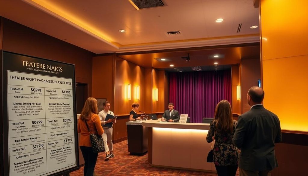 A cozy theater lobby, softly lit with warm amber hues. In the foreground, a display board showcases a variety of theater night packages, each with their own exclusive discounts and special offers. Patrons browse the options, considering the best deal for their evening of dinner, drinks, and drama. The middle ground features a sleek, modern counter where a friendly staff member assists guests, outlining the discounts and VIP perks available. In the background, the theater's grand entrance looms, beckoning attendees to explore the upcoming performance. The overall atmosphere exudes anticipation and a touch of indulgence, setting the stage for an unforgettable night out. A cozy theater lobby, softly lit with warm amber hues. In the foreground, a display board showcases a variety of theater night packages, each with their own exclusive discounts and special offers. Patrons browse the options, considering the best deal for their evening of dinner, drinks, and drama. The middle ground features a sleek, modern counter where a friendly staff member assists guests, outlining the discounts and VIP perks available. In the background, the theater's grand entrance looms, beckoning attendees to explore the upcoming performance. The overall atmosphere exudes anticipation and a touch of indulgence, setting the stage for an unforgettable night out.