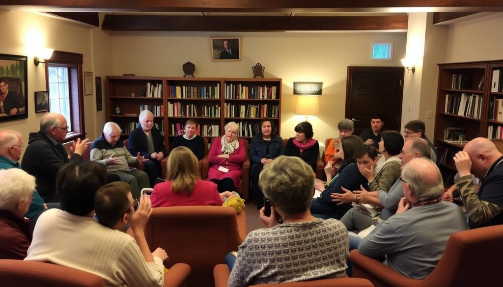 A cozy, well-lit community center filled with a diverse group of Ibsen enthusiasts engaged in lively discussions. In the foreground, a panel of scholars animatedly analyze the themes and characters of Hedda Gabler, their gestures punctuating their insightful commentary. The middle ground features small clusters of attendees, some seated in armchairs, others standing and gesticulating as they share their interpretations and personal connections to the play. The background reveals shelves of books on Ibsen's works, creating an atmosphere of intellectual curiosity and literary appreciation. Warm lighting and earthy tones evoke a sense of thoughtful, engaging discourse within this tight-knit community of Ibsen aficionados. A cozy, well-lit community center filled with a diverse group of Ibsen enthusiasts engaged in lively discussions. In the foreground, a panel of scholars animatedly analyze the themes and characters of Hedda Gabler, their gestures punctuating their insightful commentary. The middle ground features small clusters of attendees, some seated in armchairs, others standing and gesticulating as they share their interpretations and personal connections to the play. The background reveals shelves of books on Ibsen's works, creating an atmosphere of intellectual curiosity and literary appreciation. Warm lighting and earthy tones evoke a sense of thoughtful, engaging discourse within this tight-knit community of Ibsen aficionados.