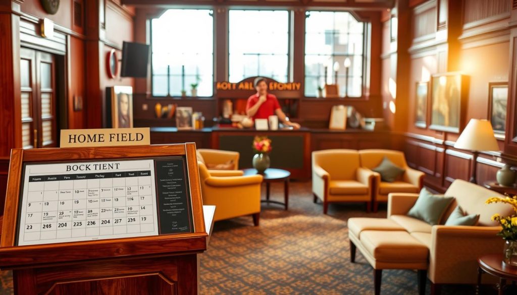 A cozy, well-lit theater lobby showcases a vibrant home field event booking station. The foreground features a wooden podium with a tactile, vintage-inspired calendar and a tactful signage system. Behind it, a lively ticket booth is manned by a friendly staff, their warm smiles welcoming patrons. The middle ground boasts plush, inviting seating areas and tasteful decor that evokes the charm of a neighborhood playhouse. In the background, the lobby's large windows allow natural light to spill in, casting a soft, golden glow over the scene. An atmosphere of community, anticipation, and artistic passion permeates the space, inviting visitors to explore the upcoming home field events. A cozy, well-lit theater lobby showcases a vibrant home field event booking station. The foreground features a wooden podium with a tactile, vintage-inspired calendar and a tactful signage system. Behind it, a lively ticket booth is manned by a friendly staff, their warm smiles welcoming patrons. The middle ground boasts plush, inviting seating areas and tasteful decor that evokes the charm of a neighborhood playhouse. In the background, the lobby's large windows allow natural light to spill in, casting a soft, golden glow over the scene. An atmosphere of community, anticipation, and artistic passion permeates the space, inviting visitors to explore the upcoming home field events.
