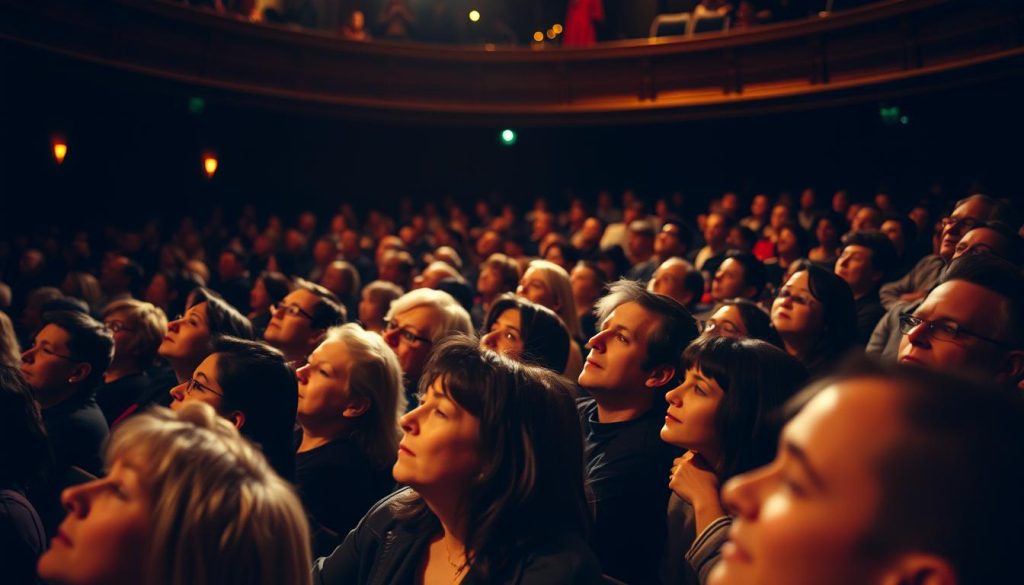A crowded theater, dimly lit, with the audience's rapt attention fixed on the stage. In the foreground, individual faces reflect a range of emotions - awe, contemplation, delight. Mid-frame, rows of spectators lean forward, engrossed in the performance unfolding before them. The background a tapestry of shadows and highlights, the architecture of the space lending an air of grandeur and history. Warm, golden lighting casts a theatrical glow, while a sense of anticipation and wonder permeates the scene. This is the critical reception of new American plays, a moment of shared cultural experience, where stories old and new converge in the hearts and minds of the audience. A crowded theater, dimly lit, with the audience's rapt attention fixed on the stage. In the foreground, individual faces reflect a range of emotions - awe, contemplation, delight. Mid-frame, rows of spectators lean forward, engrossed in the performance unfolding before them. The background a tapestry of shadows and highlights, the architecture of the space lending an air of grandeur and history. Warm, golden lighting casts a theatrical glow, while a sense of anticipation and wonder permeates the scene. This is the critical reception of new American plays, a moment of shared cultural experience, where stories old and new converge in the hearts and minds of the audience.