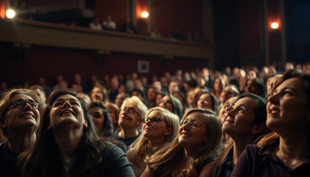 A crowded theater, the stage aglow with the intensity of a gripping performance. In the audience, faces rapt with attention, expressions shifting from awe to anguish, laughter to contemplation. Seated spectators lean forward, captivated by the drama unfolding before them, their reactions mirroring the emotional journey on stage. Dramatic lighting casts shadows and highlights the engrossed expressions, creating a palpable sense of immersion. The scene is a symphony of human responses, each face a unique testament to the power of live theater to captivate and transport. A crowded theater, the stage aglow with the intensity of a gripping performance. In the audience, faces rapt with attention, expressions shifting from awe to anguish, laughter to contemplation. Seated spectators lean forward, captivated by the drama unfolding before them, their reactions mirroring the emotional journey on stage. Dramatic lighting casts shadows and highlights the engrossed expressions, creating a palpable sense of immersion. The scene is a symphony of human responses, each face a unique testament to the power of live theater to captivate and transport.