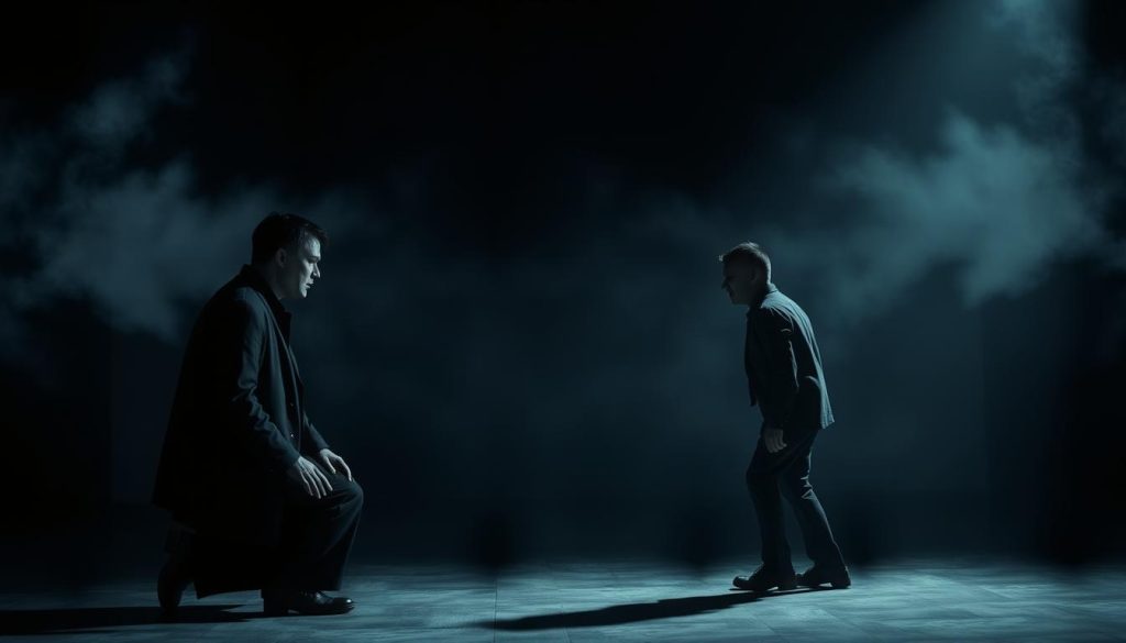 A dark, moody, psychological scene depicting the theater of the absurd. In the foreground, two actors engage in a tense, confrontational dialogue, their expressions intense and their body language charged with underlying tension. The middle ground is hazy, casting an air of uncertainty and unease. In the background, abstract shapes and distorted forms create a sense of disorientation, mirroring the psychological games at play. Dramatic chiaroscuro lighting casts dramatic shadows, heightening the sense of drama and emotional weight. The overall atmosphere is one of existential angst, discomfort, and the unsettling nature of human interactions. A wide, cinematic angle captures the scene, emphasizing the sense of scale and the characters' isolation within the frame. A dark, moody, psychological scene depicting the theater of the absurd. In the foreground, two actors engage in a tense, confrontational dialogue, their expressions intense and their body language charged with underlying tension. The middle ground is hazy, casting an air of uncertainty and unease. In the background, abstract shapes and distorted forms create a sense of disorientation, mirroring the psychological games at play. Dramatic chiaroscuro lighting casts dramatic shadows, heightening the sense of drama and emotional weight. The overall atmosphere is one of existential angst, discomfort, and the unsettling nature of human interactions. A wide, cinematic angle captures the scene, emphasizing the sense of scale and the characters' isolation within the frame.