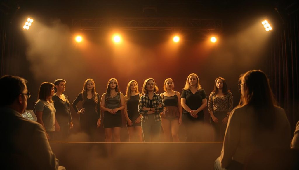 A dimly lit audition stage, illuminated by warm, focused spotlights that cast dramatic shadows. In the foreground, a panel of judges observes attentively, their expressions a mix of anticipation and scrutiny. Aspiring performers stand center stage, their faces filled with determination as they deliver their most captivating monologues and showcasing their diverse talents. The background is hazy, emphasizing the intense focus on the audition process, with a sense of hushed anticipation and the possibility of discovery. The scene evokes the thrill and nerves of a high-stakes opportunity, where dreams and potential collide in a moment of artistic expression. A dimly lit audition stage, illuminated by warm, focused spotlights that cast dramatic shadows. In the foreground, a panel of judges observes attentively, their expressions a mix of anticipation and scrutiny. Aspiring performers stand center stage, their faces filled with determination as they deliver their most captivating monologues and showcasing their diverse talents. The background is hazy, emphasizing the intense focus on the audition process, with a sense of hushed anticipation and the possibility of discovery. The scene evokes the thrill and nerves of a high-stakes opportunity, where dreams and potential collide in a moment of artistic expression.