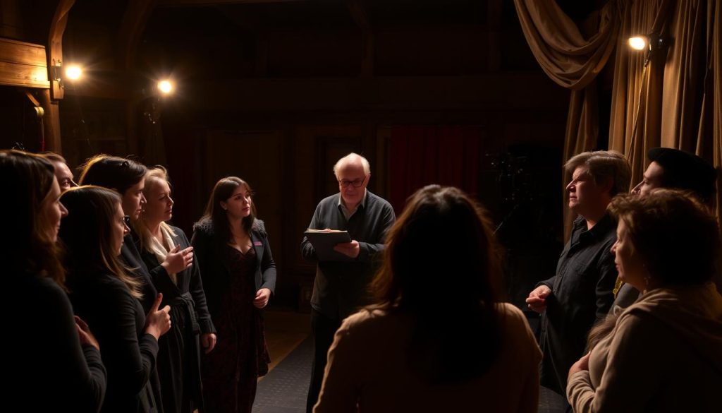 A dimly lit backstage scene at the Globe Theatre, where the cast of "The Tempest" gather for a talkback session. Soft stage lights cast a warm, magical glow, illuminating the actors' faces as they share their insights and experiences. In the foreground, a group of performers animatedly discuss the play's themes of sorcery and power, their gestures and expressions lively and captivating. In the middle ground, a director listens intently, clipboard in hand, while technicians bustle about, adjusting the lighting and sound. The background reveals the theater's iconic wooden beams and draped curtains, hinting at the rich history and stagecraft that have defined Shakespeare's work for centuries. A dimly lit backstage scene at the Globe Theatre, where the cast of "The Tempest" gather for a talkback session. Soft stage lights cast a warm, magical glow, illuminating the actors' faces as they share their insights and experiences. In the foreground, a group of performers animatedly discuss the play's themes of sorcery and power, their gestures and expressions lively and captivating. In the middle ground, a director listens intently, clipboard in hand, while technicians bustle about, adjusting the lighting and sound. The background reveals the theater's iconic wooden beams and draped curtains, hinting at the rich history and stagecraft that have defined Shakespeare's work for centuries.