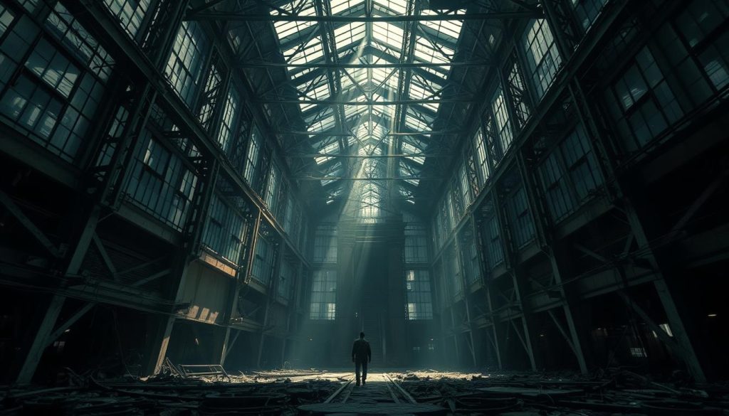 A dimly lit, cavernous space with towering, monolithic structures of weathered steel and glass. In the foreground, a lone figure navigates a labyrinth of tangled, shadowy pathways, their steps hesitant yet resolute. Overhead, a web of intersecting beams and girders casts a fractured, kaleidoscopic pattern of light and shadow, evoking a sense of uncertainty and existential contemplation. The atmosphere is heavy with a palpable tension, as if the very fabric of reality is unraveling. Cinematic, wide-angle lens captures the scale and isolation of the scene, highlighting the individual's small yet determined presence amidst the overwhelming, abstract grandeur of this existential landscape. A dimly lit, cavernous space with towering, monolithic structures of weathered steel and glass. In the foreground, a lone figure navigates a labyrinth of tangled, shadowy pathways, their steps hesitant yet resolute. Overhead, a web of intersecting beams and girders casts a fractured, kaleidoscopic pattern of light and shadow, evoking a sense of uncertainty and existential contemplation. The atmosphere is heavy with a palpable tension, as if the very fabric of reality is unraveling. Cinematic, wide-angle lens captures the scale and isolation of the scene, highlighting the individual's small yet determined presence amidst the overwhelming, abstract grandeur of this existential landscape.