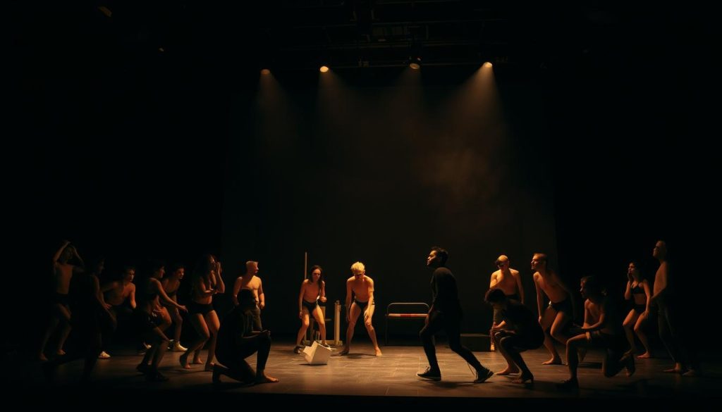 A dimly lit experimental theater stage, illuminated by a soft, warm spotlight. The foreground features a diverse ensemble of avant-garde performers exploring unconventional movement and vocal techniques, their bodies contorted and faces obscured, creating an atmosphere of raw, unsettling expressionism. In the middle ground, abstract set pieces and minimalist props suggest a language of experimentation, challenging traditional theatrical conventions. The background is shrouded in shadows, hinting at the unknown and the boundaries being pushed in this cutting-edge dramatic exploration. A dimly lit experimental theater stage, illuminated by a soft, warm spotlight. The foreground features a diverse ensemble of avant-garde performers exploring unconventional movement and vocal techniques, their bodies contorted and faces obscured, creating an atmosphere of raw, unsettling expressionism. In the middle ground, abstract set pieces and minimalist props suggest a language of experimentation, challenging traditional theatrical conventions. The background is shrouded in shadows, hinting at the unknown and the boundaries being pushed in this cutting-edge dramatic exploration.