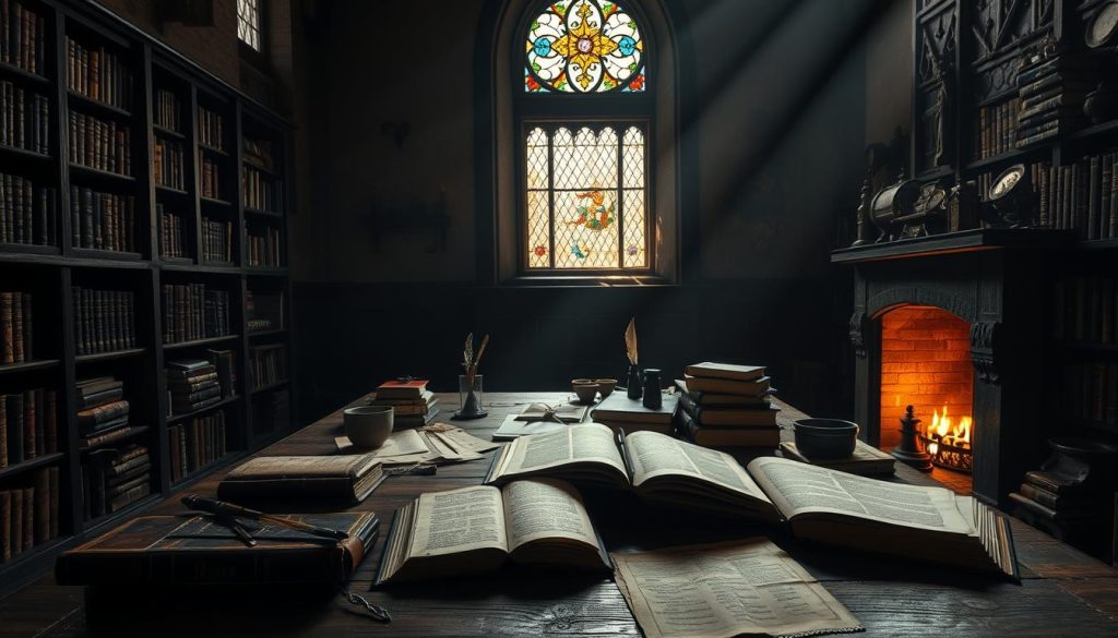 A dimly lit medieval study, bookshelves lining the walls, illuminated by the soft glow of a crackling fireplace. On a large oak table, an array of parchments, quills, and inkwells, alongside leather-bound tomes on virtue, morality, and the art of teaching. A shaft of light from a stained glass window casts a warm, ethereal hue across the scene, evoking a sense of contemplation and scholarly pursuit. In the foreground, a teacher's desk with a well-worn tome open, surrounded by educational aids such as maps, diagrams, and educational tools, all meticulously crafted in the style of the era. The atmosphere is one of quiet reflection, a space dedicated to the cultivation of moral and ethical understanding. A dimly lit medieval study, bookshelves lining the walls, illuminated by the soft glow of a crackling fireplace. On a large oak table, an array of parchments, quills, and inkwells, alongside leather-bound tomes on virtue, morality, and the art of teaching. A shaft of light from a stained glass window casts a warm, ethereal hue across the scene, evoking a sense of contemplation and scholarly pursuit. In the foreground, a teacher's desk with a well-worn tome open, surrounded by educational aids such as maps, diagrams, and educational tools, all meticulously crafted in the style of the era. The atmosphere is one of quiet reflection, a space dedicated to the cultivation of moral and ethical understanding.