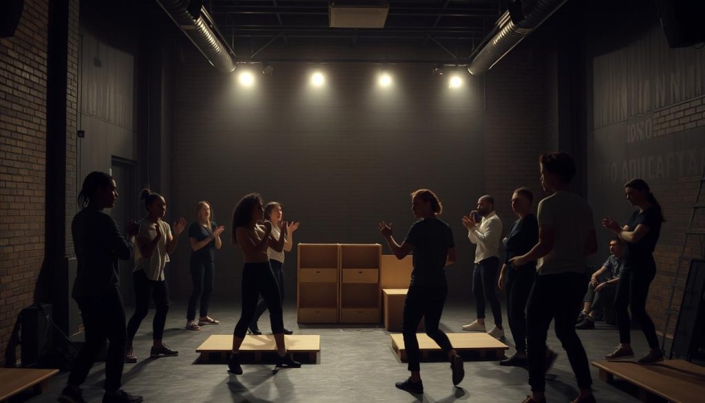 A dimly lit, minimalist theater space with exposed brick walls and industrial-style lighting fixtures. In the foreground, a group of young, diverse performers engage in experimental movements and abstract gestures, their expressions conveying a sense of creative exploration and collaboration. The middle ground features a simple, modular stage setup with movable panels and platforms, hinting at the versatility and experimental nature of the performance. The background reveals a glimpse of the audience, their silhouettes suggesting an intimate, immersive experience. The overall atmosphere evokes a sense of raw, avant-garde energy and the excitement of new artistic possibilities. A dimly lit, minimalist theater space with exposed brick walls and industrial-style lighting fixtures. In the foreground, a group of young, diverse performers engage in experimental movements and abstract gestures, their expressions conveying a sense of creative exploration and collaboration. The middle ground features a simple, modular stage setup with movable panels and platforms, hinting at the versatility and experimental nature of the performance. The background reveals a glimpse of the audience, their silhouettes suggesting an intimate, immersive experience. The overall atmosphere evokes a sense of raw, avant-garde energy and the excitement of new artistic possibilities.