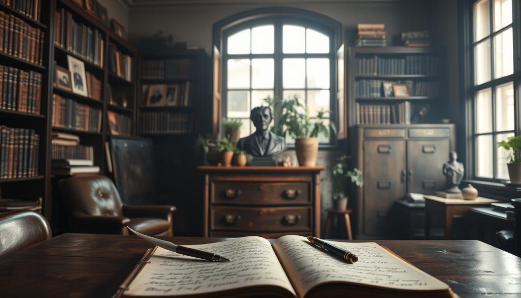 A dimly lit office, the walls lined with shelves of leather-bound books and vintage photographs. In the foreground, an old wooden desk with a quill pen and an open journal, its pages covered in swirling cursive script. Soft natural light filters in through a large window, casting a warm glow on the scene. In the middle ground, a bronze bust of a pensive-looking individual rests atop a cabinet, surrounded by potted plants and knickknacks that hint at the director's eclectic interests. The background is hazy, filled with the faint outlines of filing cabinets and a weathered bookcase, suggesting a lifetime of accumulated knowledge and experience. The overall mood is one of contemplation, tradition, and the quiet pursuit of understanding. A dimly lit office, the walls lined with shelves of leather-bound books and vintage photographs. In the foreground, an old wooden desk with a quill pen and an open journal, its pages covered in swirling cursive script. Soft natural light filters in through a large window, casting a warm glow on the scene. In the middle ground, a bronze bust of a pensive-looking individual rests atop a cabinet, surrounded by potted plants and knickknacks that hint at the director's eclectic interests. The background is hazy, filled with the faint outlines of filing cabinets and a weathered bookcase, suggesting a lifetime of accumulated knowledge and experience. The overall mood is one of contemplation, tradition, and the quiet pursuit of understanding.