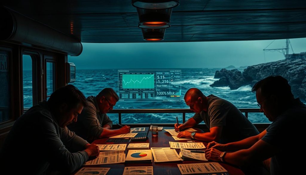 A dimly lit offshore gambling den, the air thick with tension. In the foreground, a group of punters hunched over a table, scrutinizing betting slips and charts, their faces a study in anxious concentration. The middle ground reveals a holographic display, projecting live data streams and risk metrics, casting an eerie glow across the scene. In the background, a panoramic view of the open sea, choppy waves crashing against the rocky coastline, hinting at the unpredictable nature of the venture. Moody lighting and a sense of foreboding permeate the atmosphere, capturing the high-stakes risk analysis at the heart of offshore sports betting. A dimly lit offshore gambling den, the air thick with tension. In the foreground, a group of punters hunched over a table, scrutinizing betting slips and charts, their faces a study in anxious concentration. The middle ground reveals a holographic display, projecting live data streams and risk metrics, casting an eerie glow across the scene. In the background, a panoramic view of the open sea, choppy waves crashing against the rocky coastline, hinting at the unpredictable nature of the venture. Moody lighting and a sense of foreboding permeate the atmosphere, capturing the high-stakes risk analysis at the heart of offshore sports betting.