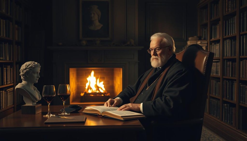 A dimly lit, ornate study with bookshelves lining the walls. On a wooden desk, an open book, a quill, and a glass of wine sit next to a bust of a classical Greek figure. Soft, warm lighting from a fireplace in the background casts long shadows across the room, creating a contemplative, scholarly atmosphere. In the foreground, a distinguished-looking professor in scholarly robes sits in a high-backed chair, deep in thought as they analyze an ancient Greek drama text, their face illuminated by the flickering firelight. A dimly lit, ornate study with bookshelves lining the walls. On a wooden desk, an open book, a quill, and a glass of wine sit next to a bust of a classical Greek figure. Soft, warm lighting from a fireplace in the background casts long shadows across the room, creating a contemplative, scholarly atmosphere. In the foreground, a distinguished-looking professor in scholarly robes sits in a high-backed chair, deep in thought as they analyze an ancient Greek drama text, their face illuminated by the flickering firelight.