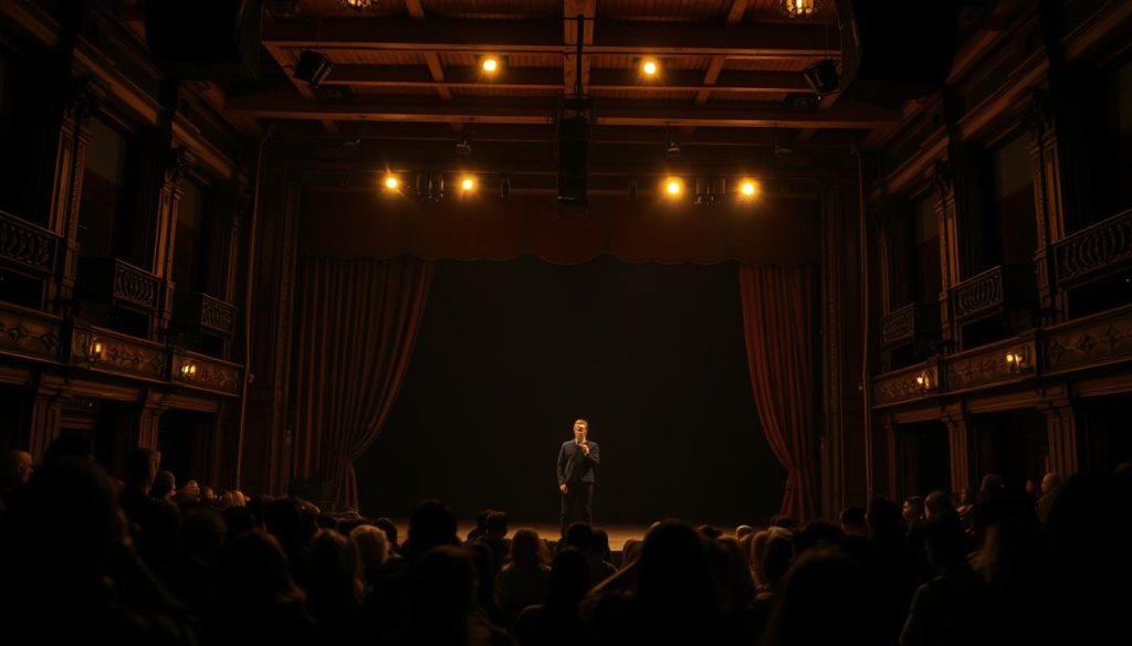 A dimly lit, ornate theater stage, the air thick with anticipation. On center stage, a lone performer captivates the audience, lost in a monologue, their features illuminated by warm, dramatic lighting. Surrounding them, a minimalist set design - weathered wooden beams, billowing curtains, and a hint of aged grandeur. The audience, shrouded in shadow, leans in, transfixed by the raw, emotional display unfolding before them. A sense of artistic experimentation and literary exploration permeates the scene, as if the very walls of this theatrical space breathe life into the words and characters brought to life. A dimly lit, ornate theater stage, the air thick with anticipation. On center stage, a lone performer captivates the audience, lost in a monologue, their features illuminated by warm, dramatic lighting. Surrounding them, a minimalist set design - weathered wooden beams, billowing curtains, and a hint of aged grandeur. The audience, shrouded in shadow, leans in, transfixed by the raw, emotional display unfolding before them. A sense of artistic experimentation and literary exploration permeates the scene, as if the very walls of this theatrical space breathe life into the words and characters brought to life.