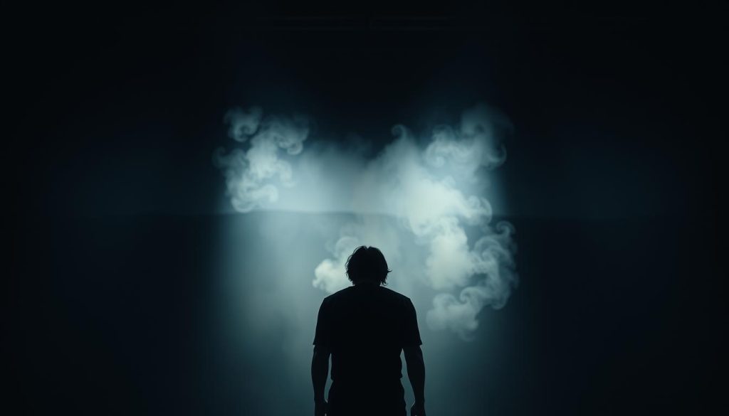 A dimly lit stage, casting long shadows of existential angst. In the foreground, a lone figure, their face obscured, shoulders hunched, embodying the weight of the human condition. Swirling wisps of smoke curl around them, evoking a sense of uncertainty and unease. The middle ground is a blurred, abstract landscape, hinting at the vast, unknowable expanse of existence. Overhead, a harsh, dramatic lighting casts deep, dramatic shadows, creating a stark, emotive atmosphere. The overall impression is one of profound introspection, a haunting exploration of the human experience in all its fragility and complexity. A dimly lit stage, casting long shadows of existential angst. In the foreground, a lone figure, their face obscured, shoulders hunched, embodying the weight of the human condition. Swirling wisps of smoke curl around them, evoking a sense of uncertainty and unease. The middle ground is a blurred, abstract landscape, hinting at the vast, unknowable expanse of existence. Overhead, a harsh, dramatic lighting casts deep, dramatic shadows, creating a stark, emotive atmosphere. The overall impression is one of profound introspection, a haunting exploration of the human experience in all its fragility and complexity.