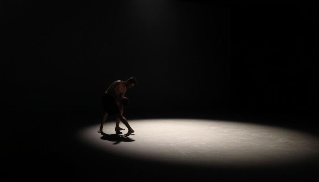 A dimly lit stage, shadows cast across a sparse minimalist set. In the foreground, two performers engage in a physical theater exploration, their bodies twisting and contorting, conveying a sense of existential struggle and endurance. Muted tones and a moody atmosphere evoke the existentialist themes of Beckett's "Endgame". The performers' movements are precise, deliberate, and deeply emotive, capturing the essence of physicality, minimalism, and the test of human fortitude onstage. A dimly lit stage, shadows cast across a sparse minimalist set. In the foreground, two performers engage in a physical theater exploration, their bodies twisting and contorting, conveying a sense of existential struggle and endurance. Muted tones and a moody atmosphere evoke the existentialist themes of Beckett's "Endgame". The performers' movements are precise, deliberate, and deeply emotive, capturing the essence of physicality, minimalism, and the test of human fortitude onstage.