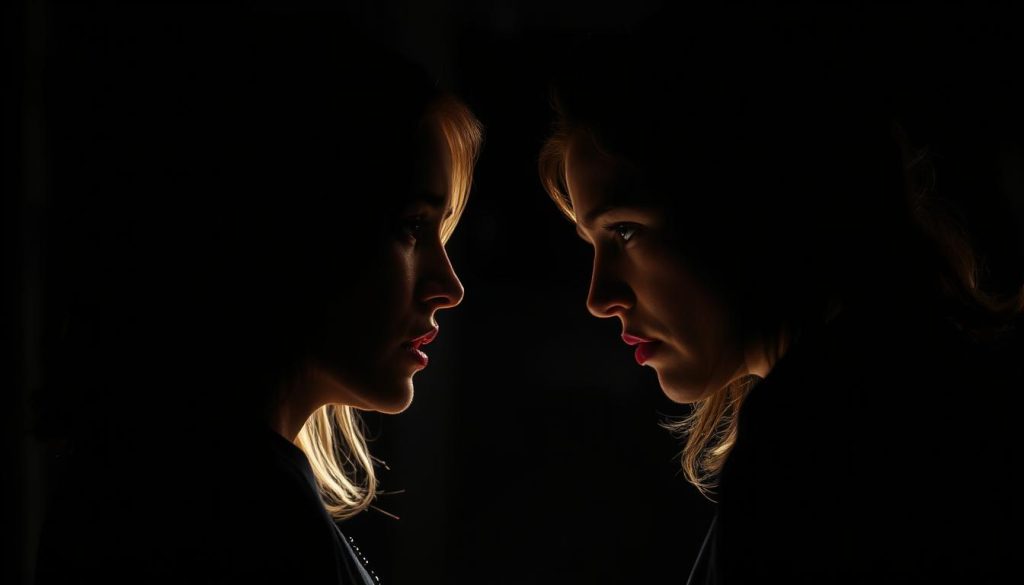 A dimly lit stage, shadows dancing across the faces of two women locked in a psychological tug-of-war. Their expressions betray a complex web of emotions - jealousy, resentment, and a desperate need for control. The lighting casts sharp angles, creating a sense of tension and unease. The background is blurred, drawing the viewer's focus to the intense gazes and subtle movements of the central figures. The scene exudes an air of mystery and foreboding, hinting at the deeper layers of identity, power, and the twists that lie beneath the surface. A dimly lit stage, shadows dancing across the faces of two women locked in a psychological tug-of-war. Their expressions betray a complex web of emotions - jealousy, resentment, and a desperate need for control. The lighting casts sharp angles, creating a sense of tension and unease. The background is blurred, drawing the viewer's focus to the intense gazes and subtle movements of the central figures. The scene exudes an air of mystery and foreboding, hinting at the deeper layers of identity, power, and the twists that lie beneath the surface.