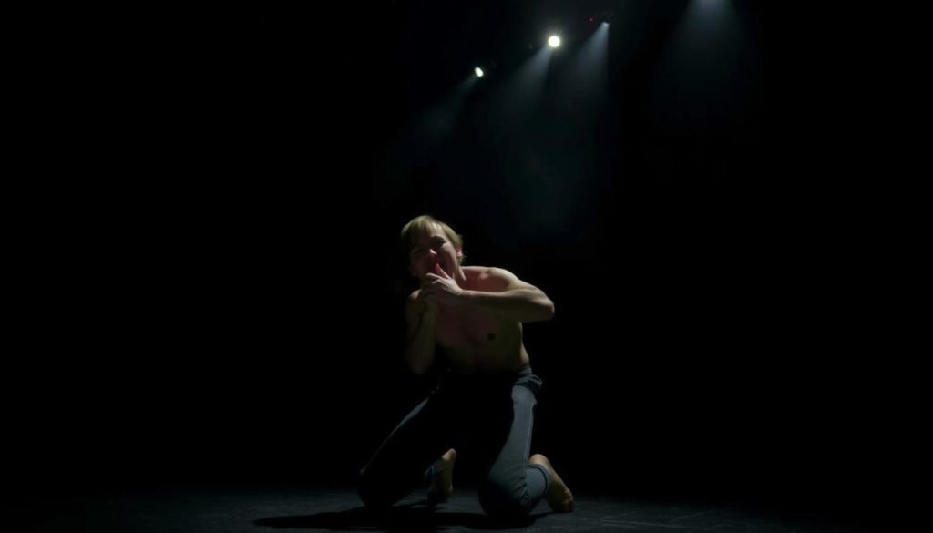 A dimly lit stage, the spotlight focused on a lone performer, their body contorted in a series of intense, physical movements. The stage is sparse, with a minimalist set and moody lighting casting dramatic shadows. The performer's face is etched with a pained expression, conveying a sense of inner turmoil and psychological distress. The camera angle is low, capturing the performer from a slightly upward perspective, emphasizing the weight and gravity of their actions. The overall atmosphere is one of raw, visceral emotion, reflecting the "Expressionism, Endurance, and the Psychology of the Underdog" theme of the article section titled "But Is It Actually Madness?" A dimly lit stage, the spotlight focused on a lone performer, their body contorted in a series of intense, physical movements. The stage is sparse, with a minimalist set and moody lighting casting dramatic shadows. The performer's face is etched with a pained expression, conveying a sense of inner turmoil and psychological distress. The camera angle is low, capturing the performer from a slightly upward perspective, emphasizing the weight and gravity of their actions. The overall atmosphere is one of raw, visceral emotion, reflecting the "Expressionism, Endurance, and the Psychology of the Underdog" theme of the article section titled "But Is It Actually Madness?"