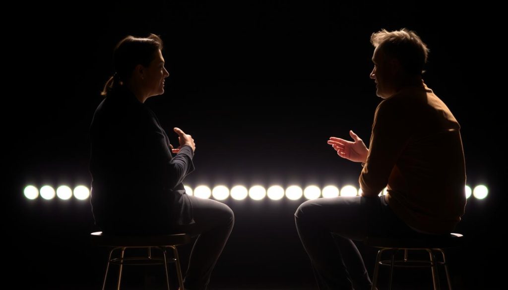 A dimly lit stage with two performers sitting on stools, engaged in an intimate interview. Soft, warm lighting illuminates their faces, casting subtle shadows that accentuate their features. The performers lean forward, their body language conveying a sense of openness and connection as they respond to unseen questions. The background is blurred, drawing the viewer's focus to the captivating conversation unfolding before them. The overall atmosphere is one of quiet contemplation, inviting the audience to lean in and listen intently to the actors' insights and experiences. A dimly lit stage with two performers sitting on stools, engaged in an intimate interview. Soft, warm lighting illuminates their faces, casting subtle shadows that accentuate their features. The performers lean forward, their body language conveying a sense of openness and connection as they respond to unseen questions. The background is blurred, drawing the viewer's focus to the captivating conversation unfolding before them. The overall atmosphere is one of quiet contemplation, inviting the audience to lean in and listen intently to the actors' insights and experiences.