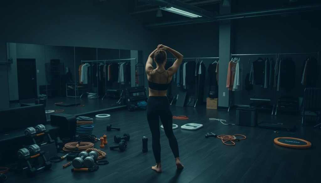A dimly lit studio space, filled with a variety of athletic equipment and training aids. In the foreground, a dancer or performer meticulously stretches and warms up, preparing their body for the rigors of an upcoming audition. Scattered around them, dumbbells, resistance bands, balance boards, and other cross-training tools hint at the secret regimen they follow to build the strength, flexibility, and endurance needed to excel. The middle ground features a wall of mirrors, allowing the subject to critically examine their form and technique. In the background, a rack of costumes and props suggests the multifaceted nature of the audition preparation process. Soft, moody lighting casts dramatic shadows, creating an atmosphere of focus, determination, and the thrill of anticipation. A dimly lit studio space, filled with a variety of athletic equipment and training aids. In the foreground, a dancer or performer meticulously stretches and warms up, preparing their body for the rigors of an upcoming audition. Scattered around them, dumbbells, resistance bands, balance boards, and other cross-training tools hint at the secret regimen they follow to build the strength, flexibility, and endurance needed to excel. The middle ground features a wall of mirrors, allowing the subject to critically examine their form and technique. In the background, a rack of costumes and props suggests the multifaceted nature of the audition preparation process. Soft, moody lighting casts dramatic shadows, creating an atmosphere of focus, determination, and the thrill of anticipation.