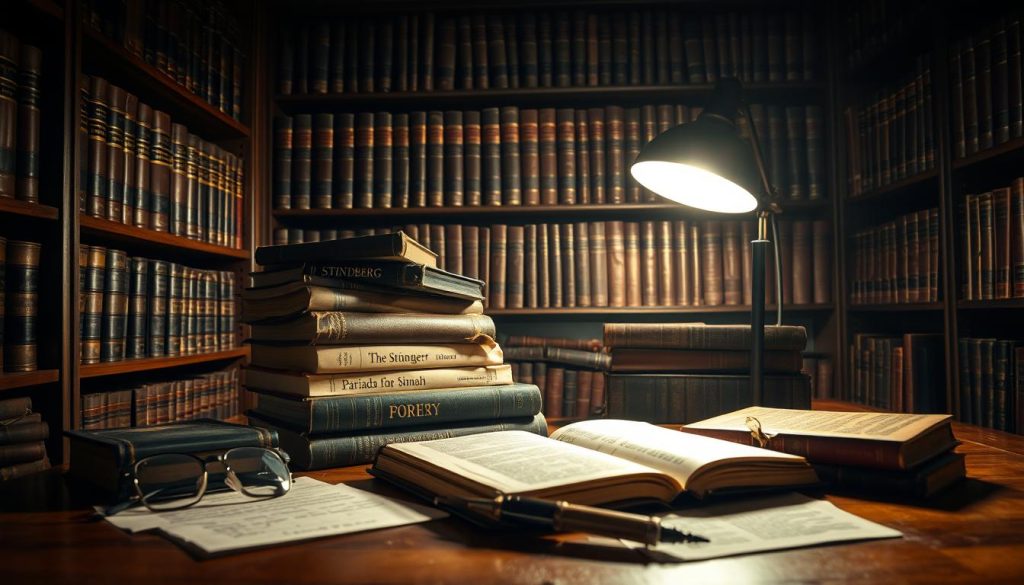A dimly lit study, shelves of leather-bound books lining the walls, a single lamp casting a warm glow over a wooden desk where a stack of well-worn literary classics sits. In the foreground, a pair of reading glasses, a quill, and scattered notes hint at the deep analysis of Strindberg's seminal works - "The Stronger," "Pariah," and "Simoon" - their covers visible among the tomes. The scene evokes a sense of scholarly contemplation, the quiet reverence for the enduring power of European drama's hidden gems. A dimly lit study, shelves of leather-bound books lining the walls, a single lamp casting a warm glow over a wooden desk where a stack of well-worn literary classics sits. In the foreground, a pair of reading glasses, a quill, and scattered notes hint at the deep analysis of Strindberg's seminal works - "The Stronger," "Pariah," and "Simoon" - their covers visible among the tomes. The scene evokes a sense of scholarly contemplation, the quiet reverence for the enduring power of European drama's hidden gems.