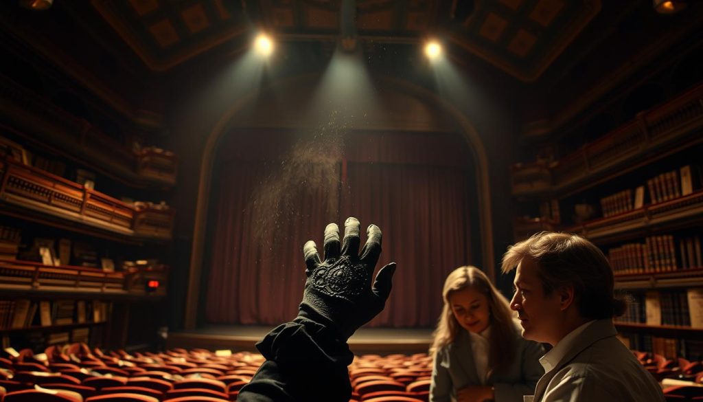 A dimly lit theater, its grand stage illuminated by a single spotlight, revealing a lone, antique theater prop - a rare, ornate black glove. Dust motes dance in the air, lending an air of mystery and forgotten history. In the foreground, a team of researchers carefully examines the glove, their expressions a mix of excitement and scholarly focus. In the background, shelves of leather-bound books and yellowed theater programs hint at the depth of this forgotten treasure trove. The scene is bathed in a warm, golden glow, conveying a sense of reverence and the thrill of unearthing a long-lost theatrical relic. A dimly lit theater, its grand stage illuminated by a single spotlight, revealing a lone, antique theater prop - a rare, ornate black glove. Dust motes dance in the air, lending an air of mystery and forgotten history. In the foreground, a team of researchers carefully examines the glove, their expressions a mix of excitement and scholarly focus. In the background, shelves of leather-bound books and yellowed theater programs hint at the depth of this forgotten treasure trove. The scene is bathed in a warm, golden glow, conveying a sense of reverence and the thrill of unearthing a long-lost theatrical relic.