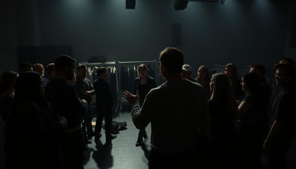 A dimly lit theater rehearsal space, the actors gathered in a circle, intensely focused on their craft. In the foreground, a director gestures animatedly, guiding the performers through a scene, their faces etched with concentration. Muted lighting casts dramatic shadows, creating an atmosphere of creative tension. In the middle ground, prop pieces and costume racks lend a sense of organized chaos, while the background fades into a hazy, out-of-focus expanse, hinting at the grand stage waiting beyond. Cinéma vérité-inspired camera angles and a muted color palette evoke the behind-the-scenes nature of the "rehearsal process". A dimly lit theater rehearsal space, the actors gathered in a circle, intensely focused on their craft. In the foreground, a director gestures animatedly, guiding the performers through a scene, their faces etched with concentration. Muted lighting casts dramatic shadows, creating an atmosphere of creative tension. In the middle ground, prop pieces and costume racks lend a sense of organized chaos, while the background fades into a hazy, out-of-focus expanse, hinting at the grand stage waiting beyond. Cinéma vérité-inspired camera angles and a muted color palette evoke the behind-the-scenes nature of the "rehearsal process".
