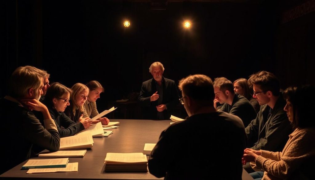 A dimly lit theater rehearsal stage, with actors gathered around a long table, engaged in intense discussion. Soft, warm lighting illuminates their faces, casting dramatic shadows as they gesture and pore over scripts. In the background, a director observes, eyes narrowed in contemplation, guiding the creative process. The atmosphere is one of focused concentration, as the playwright's vision is meticulously translated from page to performance, the actors' movements and expressions hinting at the emotional depth and nuance to come. A sense of anticipation and creative energy permeates the scene, capturing the essence of the "Rehearsal Game" that brings Ibsen's timeless works to life. A dimly lit theater rehearsal stage, with actors gathered around a long table, engaged in intense discussion. Soft, warm lighting illuminates their faces, casting dramatic shadows as they gesture and pore over scripts. In the background, a director observes, eyes narrowed in contemplation, guiding the creative process. The atmosphere is one of focused concentration, as the playwright's vision is meticulously translated from page to performance, the actors' movements and expressions hinting at the emotional depth and nuance to come. A sense of anticipation and creative energy permeates the scene, capturing the essence of the "Rehearsal Game" that brings Ibsen's timeless works to life.