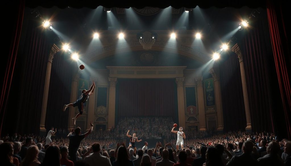 A dimly lit theater stage, the curtain drawn back to reveal an arena-like setting. In the foreground, athletes in motion - a basketball player soaring for a slam dunk, a football quarterback launching a pass, a tennis player mid-swing. The middle ground blends the two worlds, with spotlights illuminating the action and the audience watching with rapt attention. In the background, the theater's architecture looms, ornate and imposing, as if the whole scene is unfolding within a grand, cinematic performance. The lighting is dramatic, casting long shadows and creating a sense of tension and anticipation, as if the worlds of sports and theater have collided in a captivating display. A dimly lit theater stage, the curtain drawn back to reveal an arena-like setting. In the foreground, athletes in motion - a basketball player soaring for a slam dunk, a football quarterback launching a pass, a tennis player mid-swing. The middle ground blends the two worlds, with spotlights illuminating the action and the audience watching with rapt attention. In the background, the theater's architecture looms, ornate and imposing, as if the whole scene is unfolding within a grand, cinematic performance. The lighting is dramatic, casting long shadows and creating a sense of tension and anticipation, as if the worlds of sports and theater have collided in a captivating display.