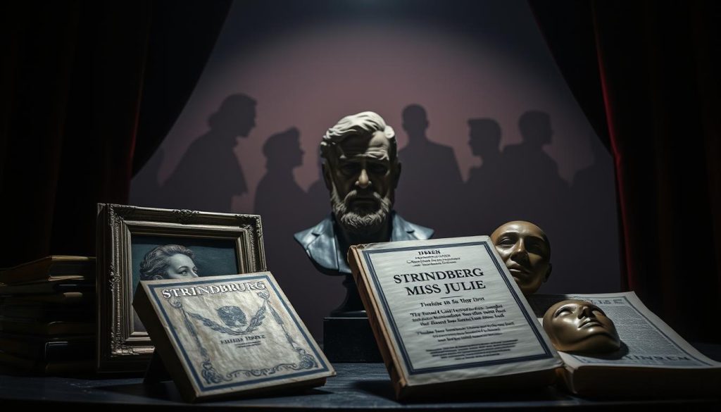 A dimly lit theater stage, the spotlight illuminating a collection of classic drama scripts and theatrical masks. In the foreground, a weathered copy of Strindberg's "Miss Julie" rests alongside a silver-framed portrait of the playwright. The middle ground features a bronze bust of Ibsen, casting a pensive gaze upon the scene. In the background, a velvet curtain parts, revealing a backdrop of abstract theatrical silhouettes, hinting at the rich legacy of modern drama that Strindberg and his contemporaries pioneered. Moody lighting casts dramatic shadows, conveying the iconic power and enduring influence of these groundbreaking theatrical works. A dimly lit theater stage, the spotlight illuminating a collection of classic drama scripts and theatrical masks. In the foreground, a weathered copy of Strindberg's "Miss Julie" rests alongside a silver-framed portrait of the playwright. The middle ground features a bronze bust of Ibsen, casting a pensive gaze upon the scene. In the background, a velvet curtain parts, revealing a backdrop of abstract theatrical silhouettes, hinting at the rich legacy of modern drama that Strindberg and his contemporaries pioneered. Moody lighting casts dramatic shadows, conveying the iconic power and enduring influence of these groundbreaking theatrical works.