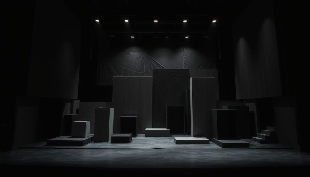 A dimly lit theater stage, with a contemporary arrangement of abstract geometric forms and angular structures in shades of gray, black, and muted tones. The lighting is dramatic, casting sharp shadows and highlights that accentuate the sharp edges and planes of the set pieces. The overall composition has a sense of tension and minimalism, conveying a mood of contemplation and intellectual analysis. The camera angle is slightly elevated, providing a bird's-eye view of the stage, allowing the viewer to survey the intricate interplay of shapes and shadows that create a visually striking and thought-provoking staging environment. A dimly lit theater stage, with a contemporary arrangement of abstract geometric forms and angular structures in shades of gray, black, and muted tones. The lighting is dramatic, casting sharp shadows and highlights that accentuate the sharp edges and planes of the set pieces. The overall composition has a sense of tension and minimalism, conveying a mood of contemplation and intellectual analysis. The camera angle is slightly elevated, providing a bird's-eye view of the stage, allowing the viewer to survey the intricate interplay of shapes and shadows that create a visually striking and thought-provoking staging environment.